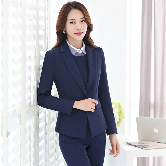 Formal Dark Blue Professional Pantsuits Business Women
