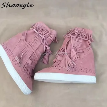 

SHOOEGLE Hot Wedge Fringed Women Ankle Booties Lace Up Tassel Height Increasing Ladies Short Boots Spring Autumn Casual Shoes