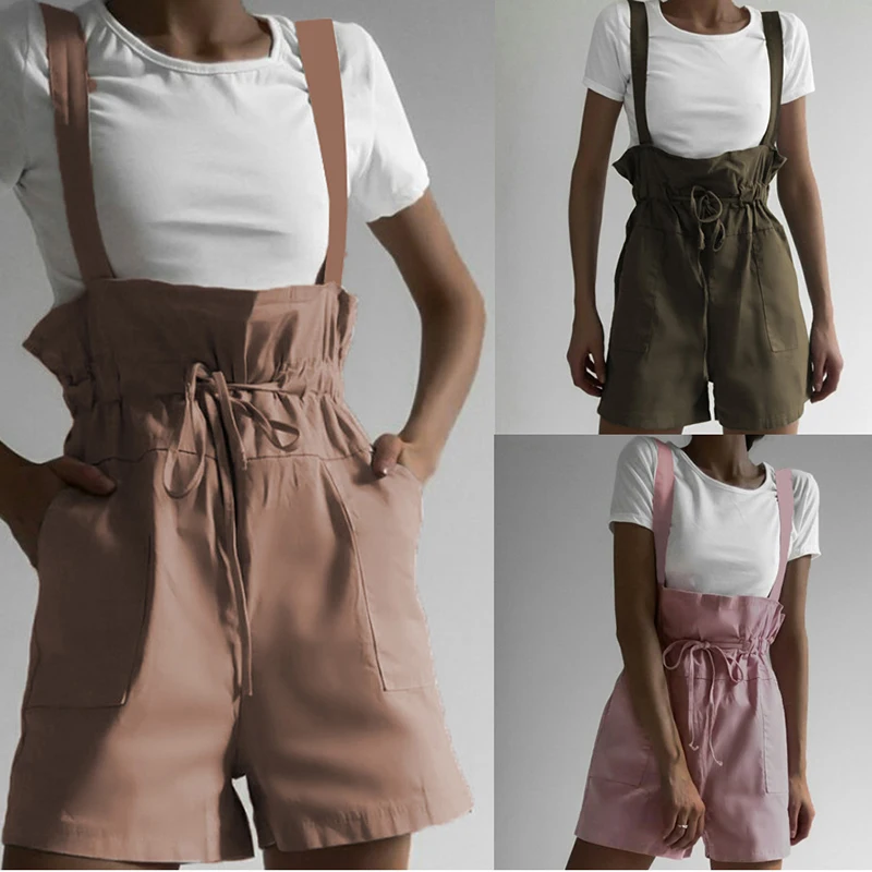 

Women's Casual High Waist Straps Pocket Strap Shorts Pleated Overalls Jumpsuit Loose Excellent Summer Seaside Rompers Print