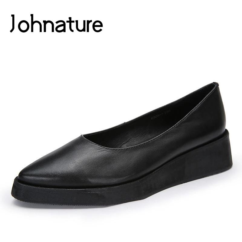 

Johnature 2019 New Spring/Summer Retro Genuine Leather Pointed Toe Shallow Slip-on Wedges Casual Platform Shoes Women Pumps