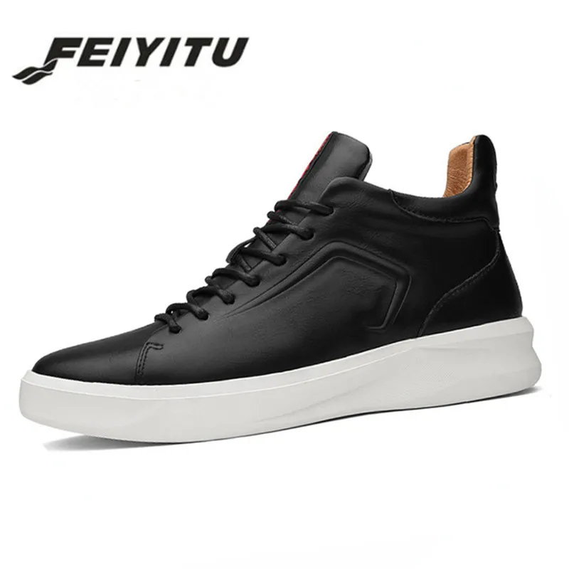 

feiyitu New Italy Designer Artificial Leather Men Ankle Shoes Autumn Winter Warm High-top Stamping Pattern Lace-up Man Black Pu
