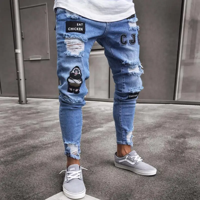 

2018 Men Distressed Ripped Jeans Knee Holes Casual Skinny Jeans Pants High Waist Solid Denim Pencil Jeans Hip Hop Biker Jeans