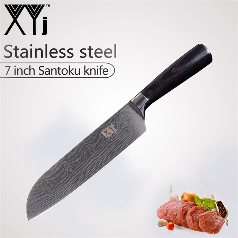 XYj 8 дюймов нож шеф-повара имитация дамасской стали Santoku кухонные ножи острый Кливер ножи для нарезки подарок нож инструменты - Цвет: 7 inch Santoku Knife