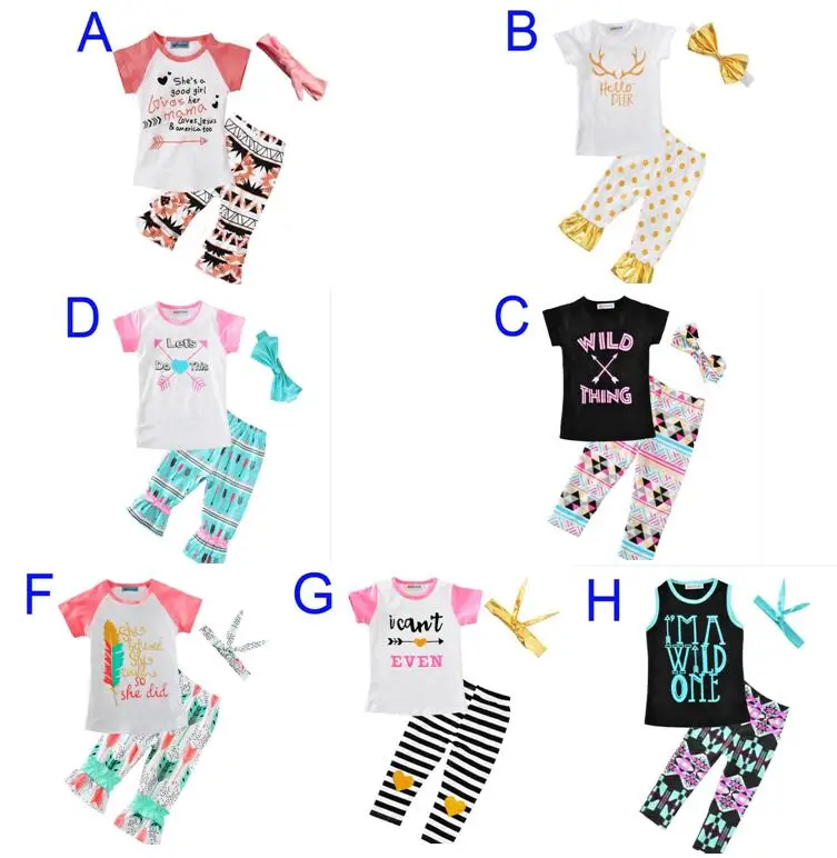 

Newest Girls Childrens Clothing Sets Short Sleeve tshirts Pants Headwear 3 Piece Set Letters Arrow Kids Clothes Suits Boutique C