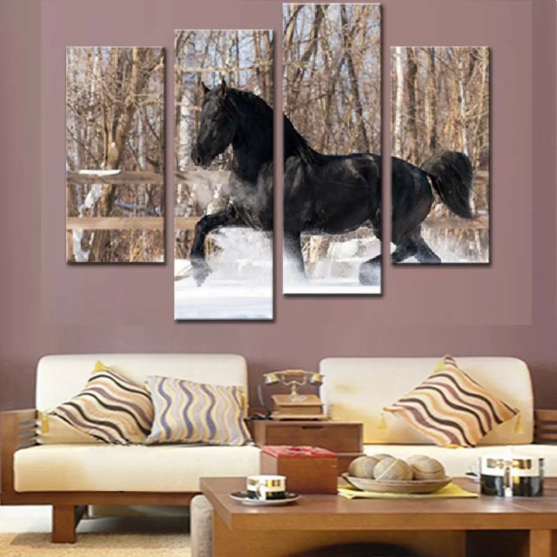 Modern Framework Picture 4 Pieces Black Horse Runs In The Snow Canvas Print Painting Wall Art For Livingroom Home Decor | Дом и сад
