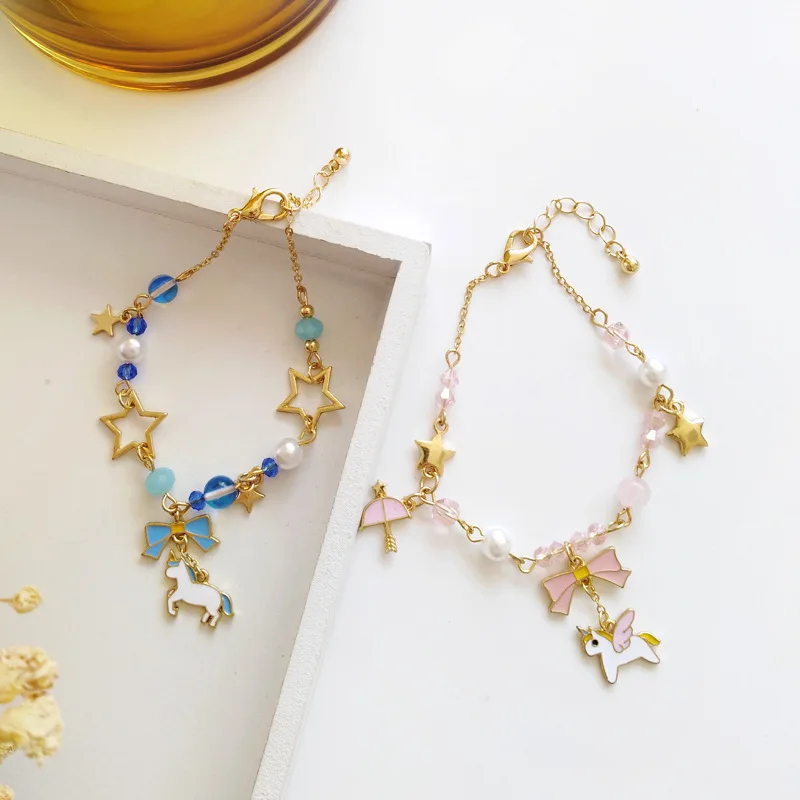Japan Unicorn Bowknot With Beads Moon Star Crystal Bracelet -Unicorn Fashion