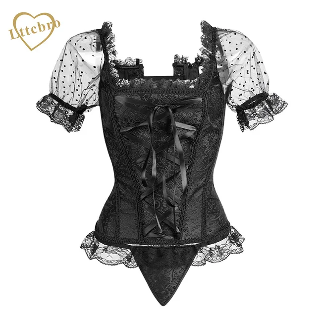 Corset Women Corsets and Bustiers Gothic Lace Up Puff Sleeve Shoulder Straps Brocade Corselet
