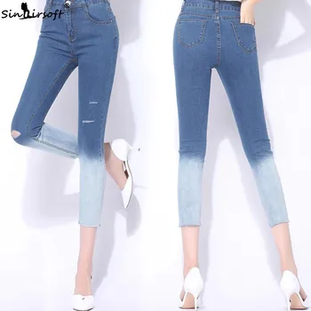 

New Elegant Slim High Waist Ripped Jeans For Mujer Women Fashion Gradient Color Denim Pencil Pants Woman Plus Size Trousers