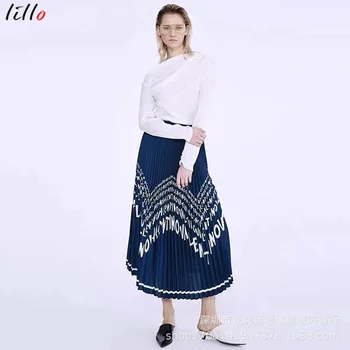 

Tide brand Wen letter printed pleated skirt Accordion pleated long skirt has elastic loose wild high street blue black purple el