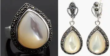 

25*20mm Natural White Sea Shell Marcasite 925 STERLING SILVER RING(SIZE 7/8/9/10) and earrings set SIZE 7/8/9/10