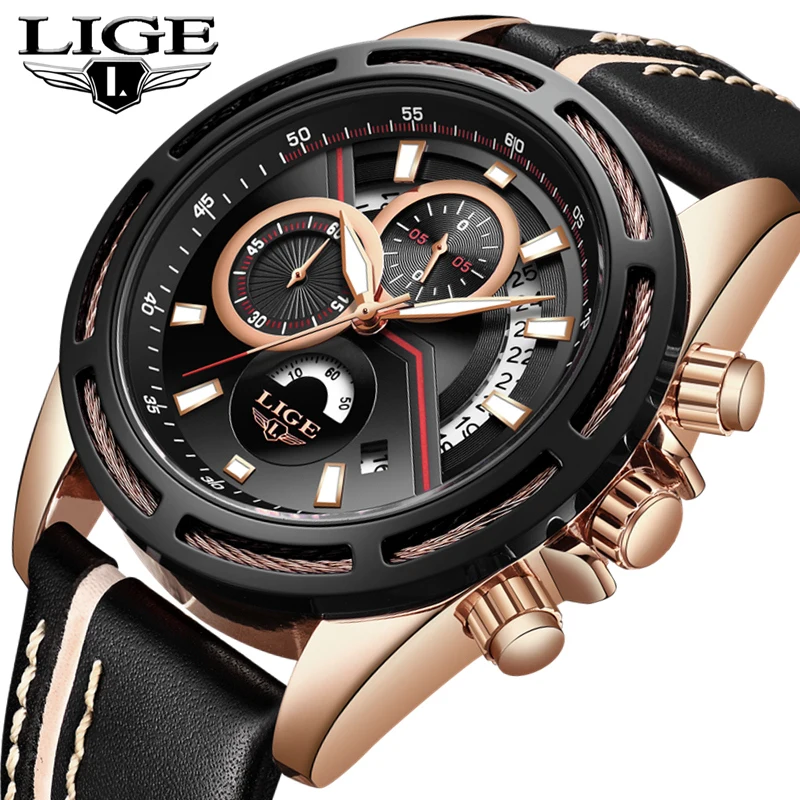 LIGE Fashion Gold Watch Men Sport Quartz Clock Leather Mens Watches Top Brand Luxury Waterproof Business Watch Relogio Masculino LIGE Fashion Gold Watch Men Sport Quartz Clock Leather Mens Watches Top Brand Luxury Waterproof Business Watch Relogio Masculino