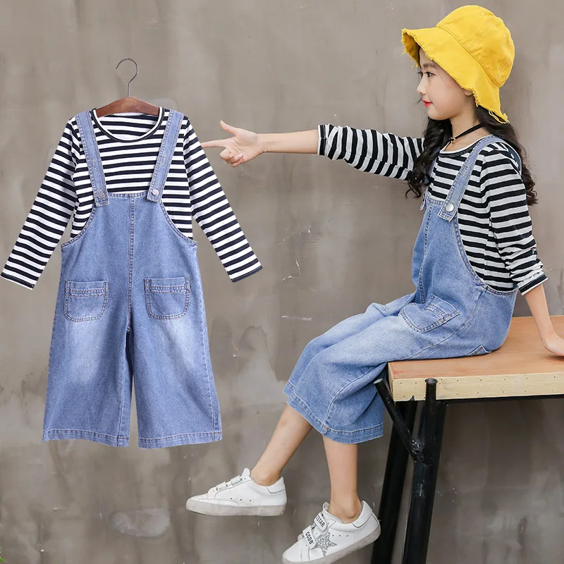 

2018 Toddler Girls Striped T-shirts + Denim Jumpsuits Autumn Children's Clothing 2 Pcs Fashion Teenage Clothes Girls Clothing 12