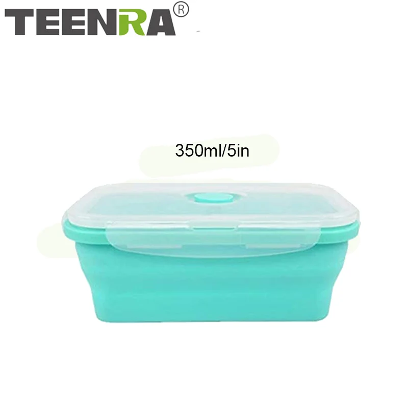 TEENRA Силиконовый складной Ланч-бокс, набор, силиконовый контейнер для хранения еды, складной Ланч-бокс для микроволновой печи посудомоечной машины, безопасный - Цвет: Blue 350ml