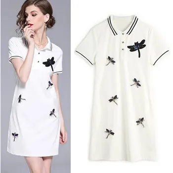 

Women British Preppy Style Tees Dresses New Summer Birds Appliques Short Sleeve Sports Casual Mini Dresses CC070