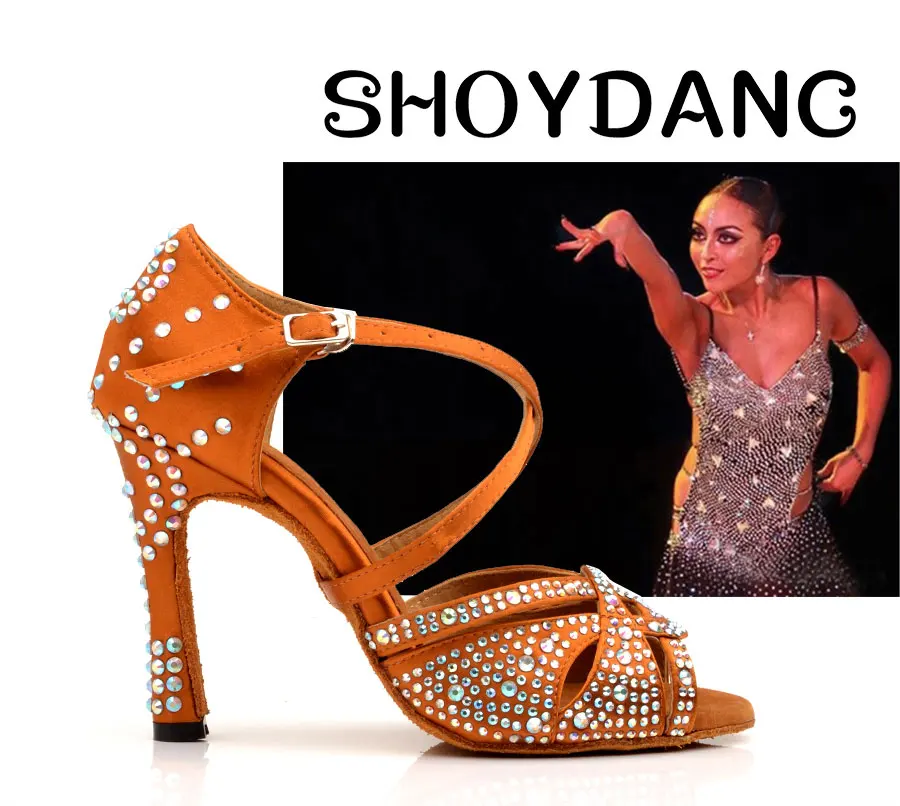 Обувь для латинских танцев; Новинка; женская обувь из бронзового шелка и сатина; блестящие стразы на высоком каблуке 10 см; обувь для сальсы и бальных танцев