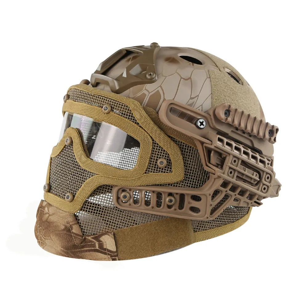 

Desert Kryptek Sand PJ Type FAST Molle Tactical Helmet Combined With Full Mask and Goggles for Airsoft Paintball CS Hunting