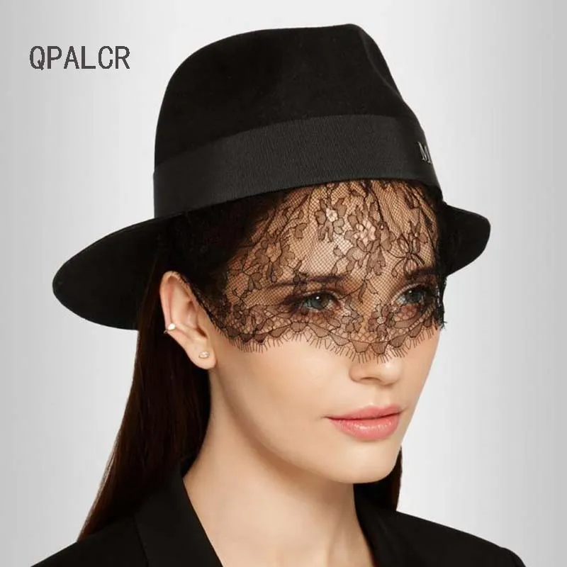 QPALCR New Wool Fedoras Hats For Women Felt Hat Black Bud Silk Veils
