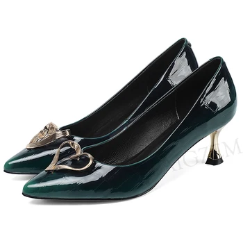 

LAIGZEM Unique Heart Women Pumps Genuine LEATHER Kitten Heel OL Sandals Party Dress Shoes Pointed Toe Shoes Big Size 33-42