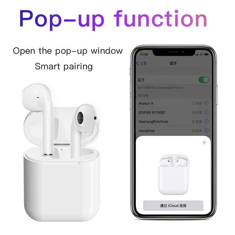 TWS с Pop up 5,0 Беспроводная bluetooth-гарнитура для iPhone всех смартфонов с зарядным устройством 3D стерео Спортивные Беспроводные наушники