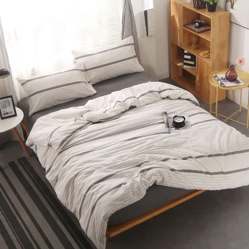 

Junwell 100% Washed Cotton Yarn-dyed Stripe Bedding Set Japanese Simple Style Quilt Cover Duvet Cover Bed sheet Queen Twin