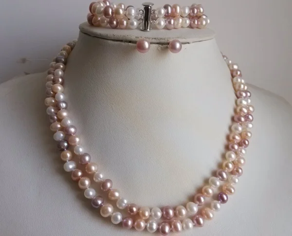 

2017 New Arrival Sale Romantic Women Engagement African Beads Jewelry Set Double Rows 6-7mm Lavender Pearl Necklace Jewelry Set