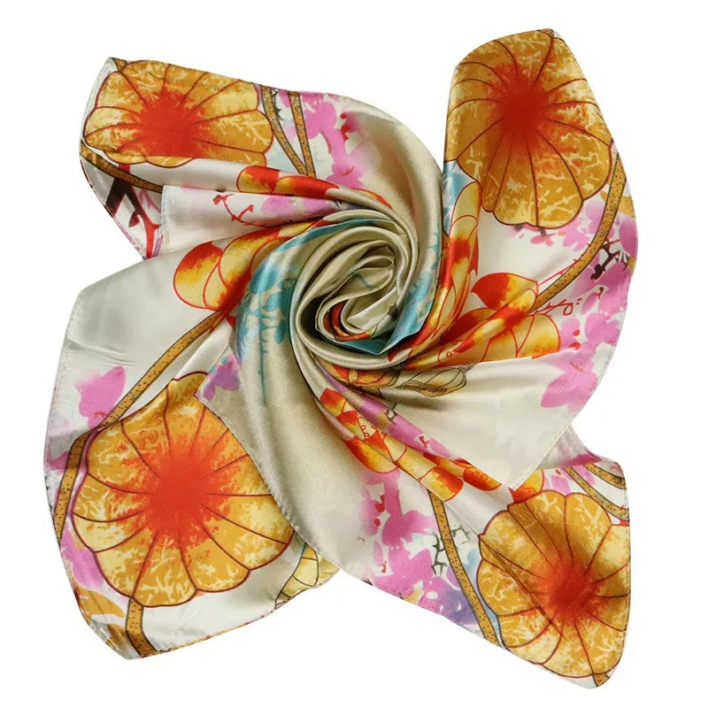 

2019 Fall New Fashion Lotus Print Silk Scarf For Women Soft Neckerchief Small Bandana Square Scarves Lady Accessories