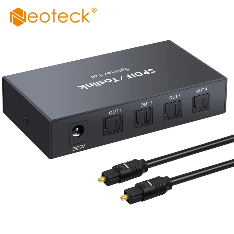 

Neoteck Digital Optical Audio 1x4 Splitter Digital SPDIF Toslink Optical Fiber Audio Splitter with for PS3 Xbox BlueRay DVD HDTV