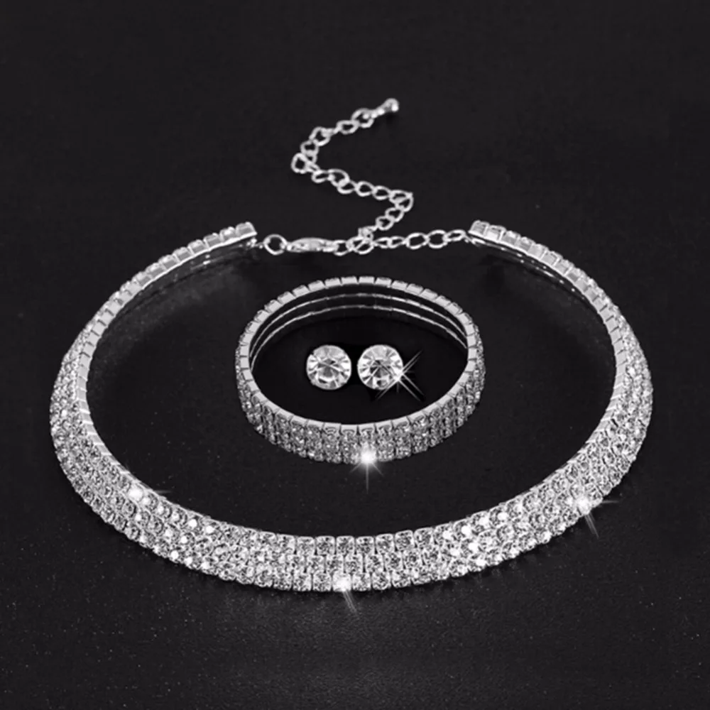

Vintage Wedding Jewelry Set Rhinestone Choker Necklace + Earrings + Bracelet Wedding Jewelry Sets for Women Wedding Accessories
