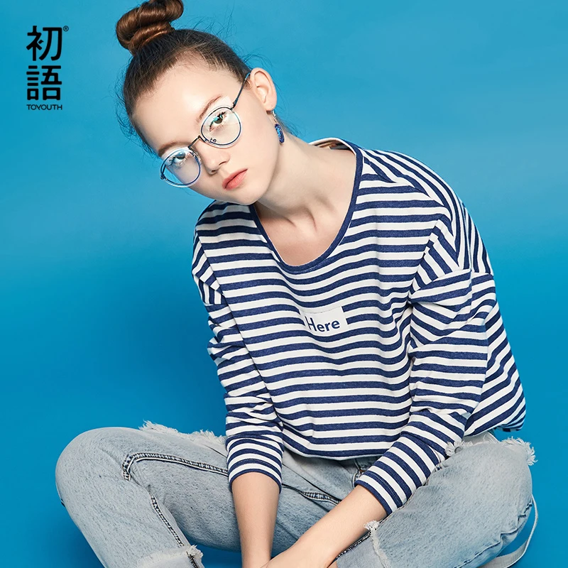 Günstig Toyouth Mode Brief Gedruckt Langarm T Shirt Frauen 2019 Herbst Tops Gestreiften Basis Tees Weibliche Casual Rundhals T Shirts