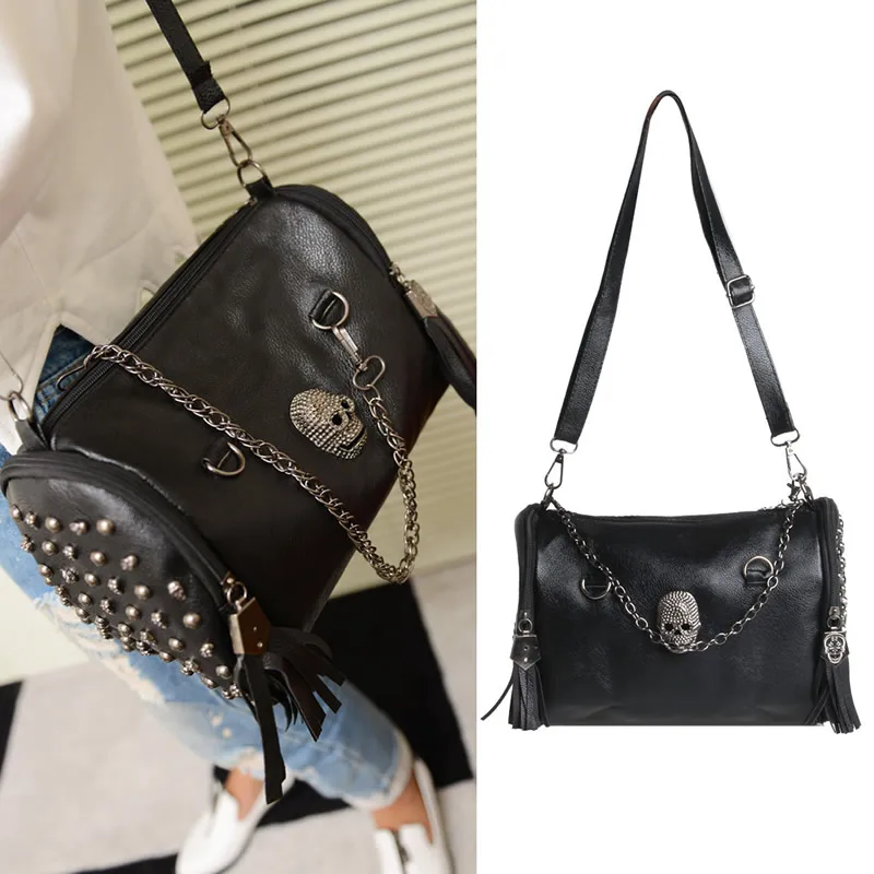 

THINKTHENDO Women Leather Cross Shoulder Bag Skull Rivet Tassels Tote Handbag Satchel Purse