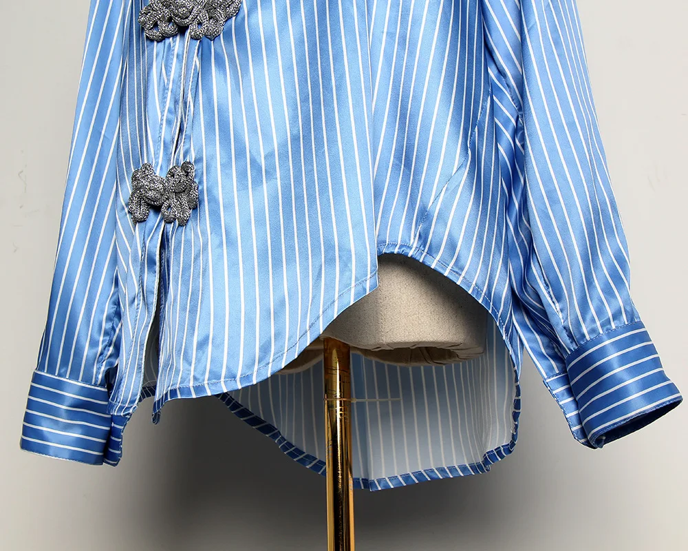 Женская рубашка в китайском стиле, весна, новинка, нишевый дизайн, Ретро стиль, в полоску, наклонная, с пряжкой, Асимметричная рубашка