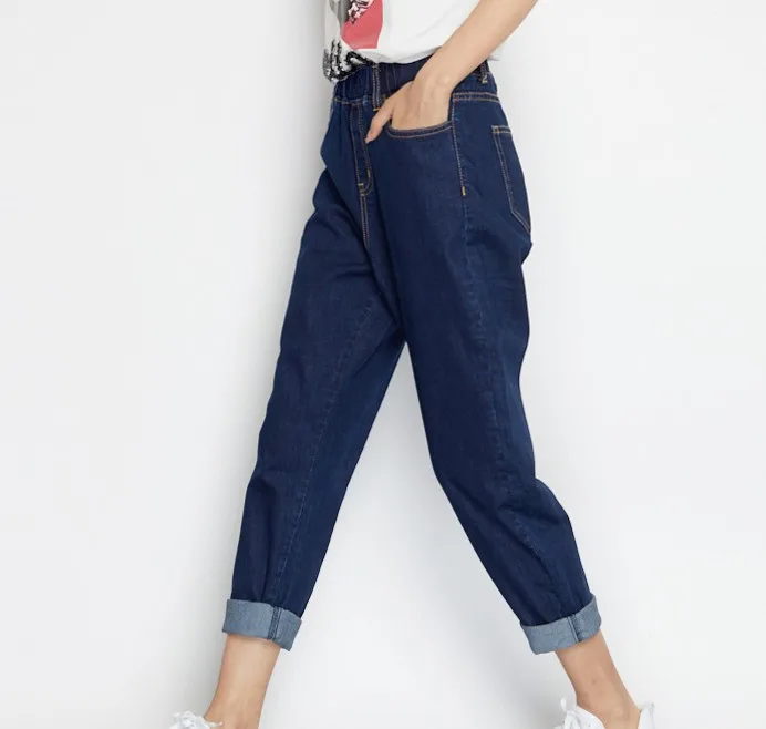 

Women jeans pant blue denim pants elastic waist high waist harem pants casual loose trousers pockets jeans pants woman 5XL femal