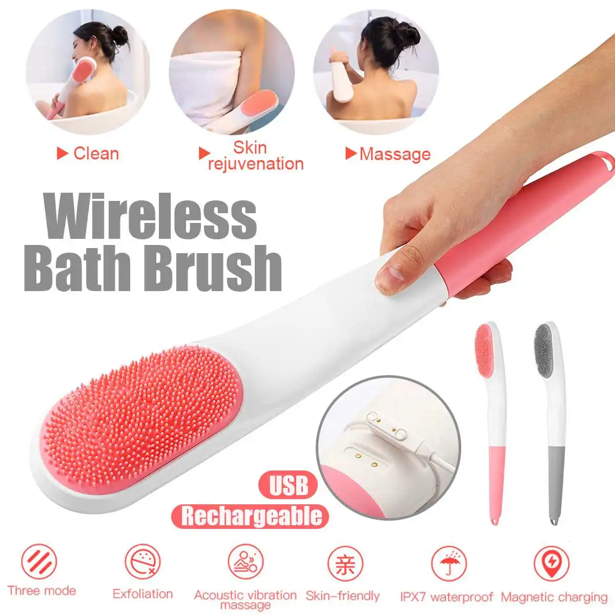 Водонепроницаемая USB электрическая длинная ручка для душа Чистящая Щетка для ванны спа массаж кожи мытье тела забота о здоровье ручка