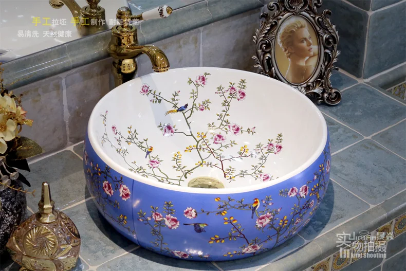 Europe style chinese Jingdezhen Art Counter Top ceramic bathroom sink painted porcelain sink with countertop  (2)