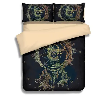 

3D Digital Printing Hand Drawn Dream Catcher Sun Moon Feathers Leaves 3-Piece Bedding Sets