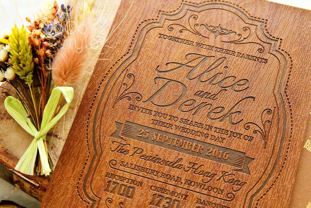  Cocostyles bespoke luxury blind letterpress leather invitation card with envelope for vintage style - 32860404721