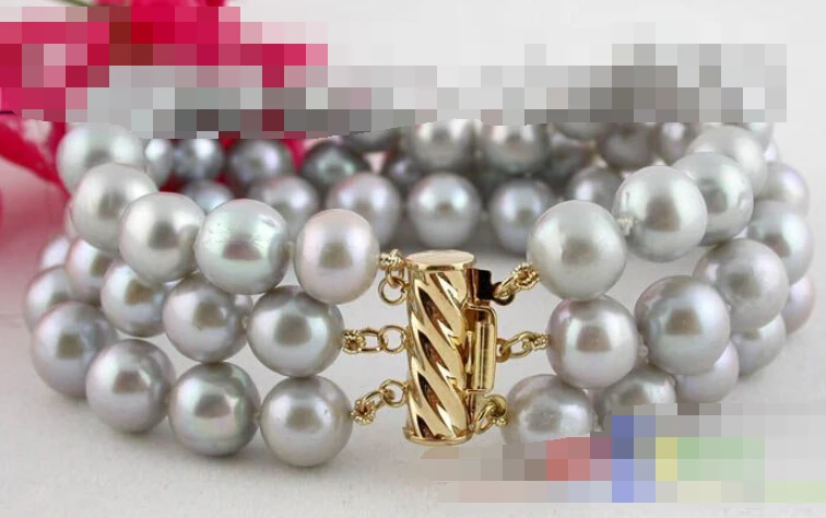 

0678 3ROW ROUND GRAY FRESHWATER PEARL BRACELET BANGLE Natural >>free shipping