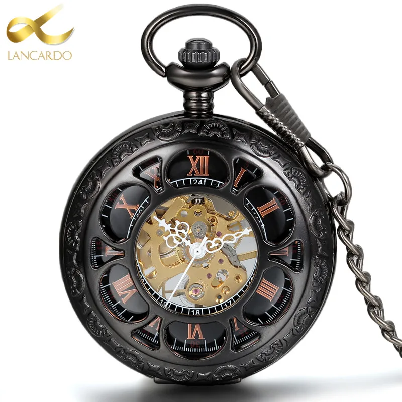 Lancardo Steampunk Men And Women Clock Transparent Mechanical Black See Though Face Retro Ver Vintage Pendant Pocket Watch Gift