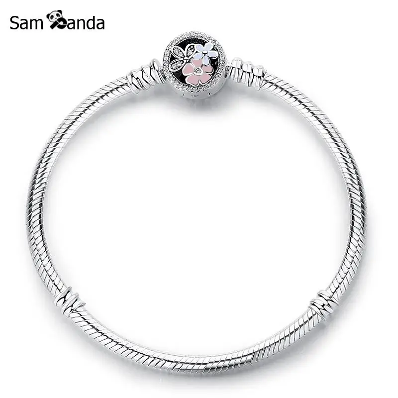 Оригинальные подвески из стерлингового серебра 925 пробы с цепочкой в виде змеи, очаровательные цветы, эмалированные хрустальные браслеты с застежкой и браслеты, Женские Ювелирные изделия DIY