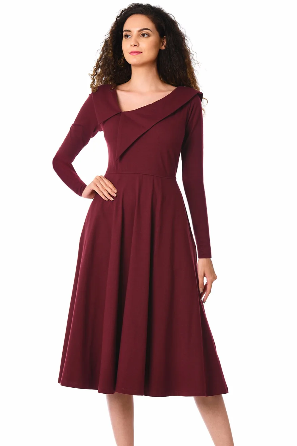 Burgundy-Retro-Inspired-Asymmetric-Collar-Flared-Dress-LC610388-3-4
