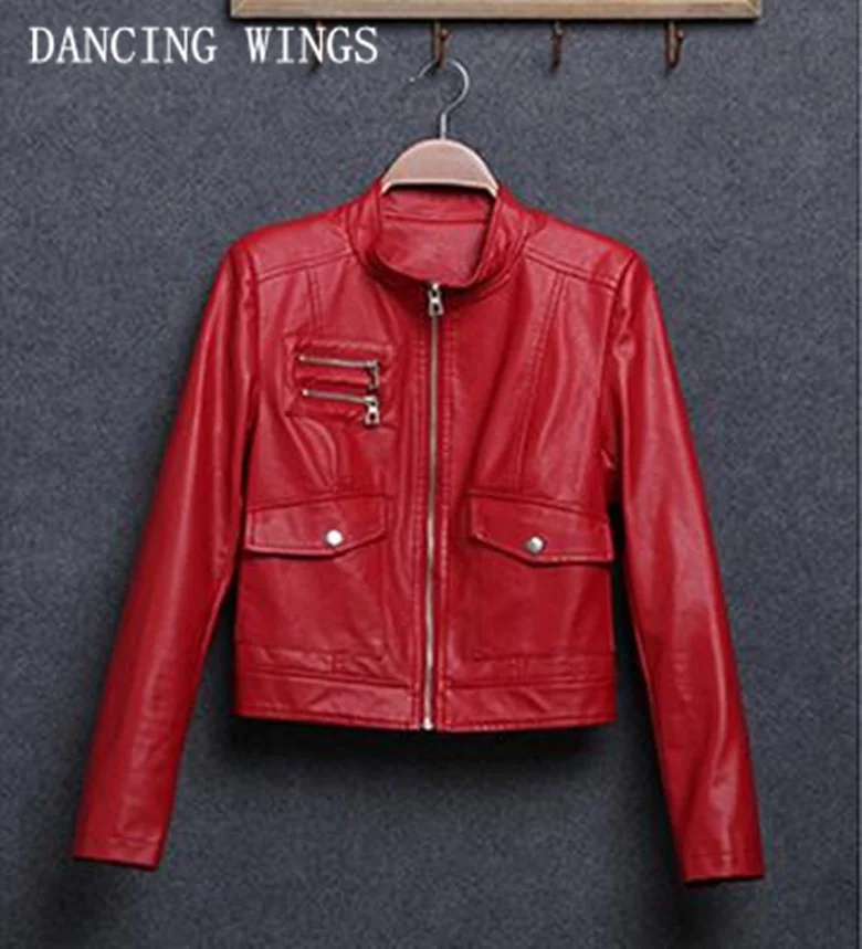Spring stand collar PU leather motorcycle jacket women
