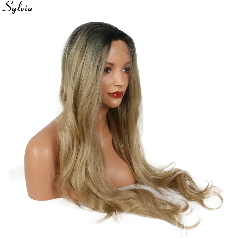 

Sylvia 26" Ombre Long Blonde Wig Synthetic Lace Front Dark Roots Glueless Heat Resistant Fiber Natural Fully Hair Wigs For Women