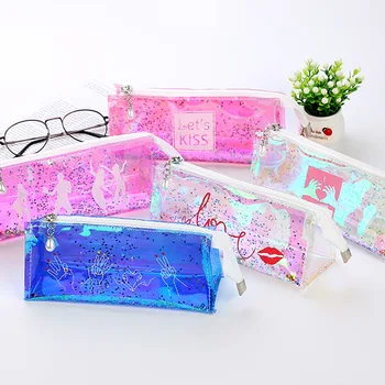 

Glitter Pencil Case Transparent Plastic Pencil Bag Bling Bling Pencil Holder Cute Stationery Lace Shining Pen Case Xmas Gift