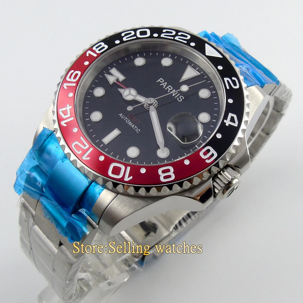 

Parnis 40mm black dial red&blue bezel GMT sapphire glass Automatic men's watch