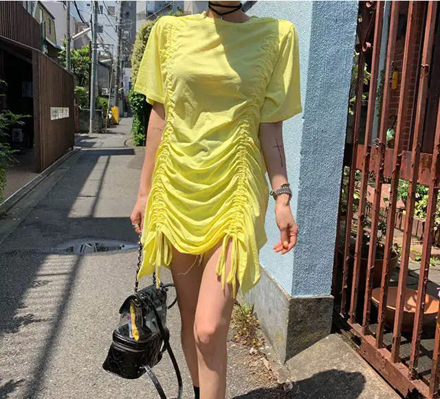 RUGOD летнее женское однотонное плиссированное платье на завязках с круглым вырезом и короткими рукавами, прямые платья, корейский стиль, стильный дизайн - Цвет: Цвет: желтый