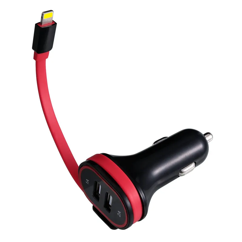 

SOONHUA Dual Port USB Phone Car Charger Adapter 5V 2.4A for iPhone Samsung Mobile Phone Fast Charge Built-in Folded Cable