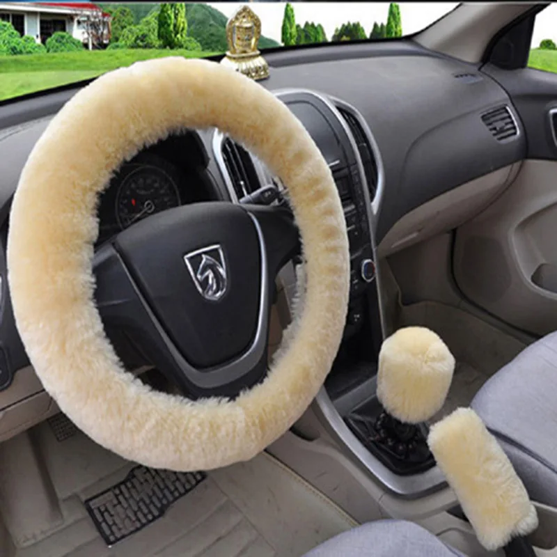 faux wool steering wheel cover beige