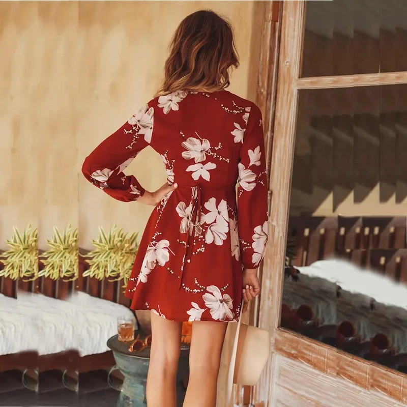 yinlinhe Red Floral Summer Dress Long Sleeve V neck Sexy Wrap Dress Women Sash Lace Up Slim Waist Elegant Vestido      4