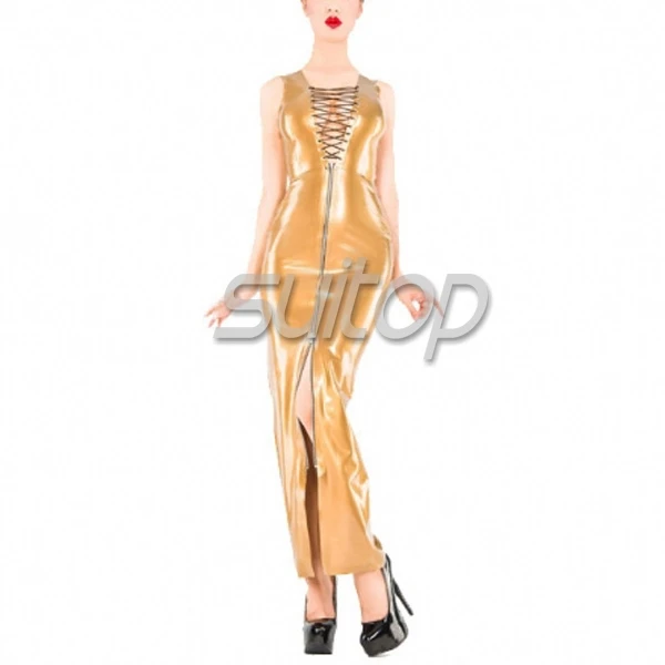 

Suitop Gold latex rubber party dress lace up with zip