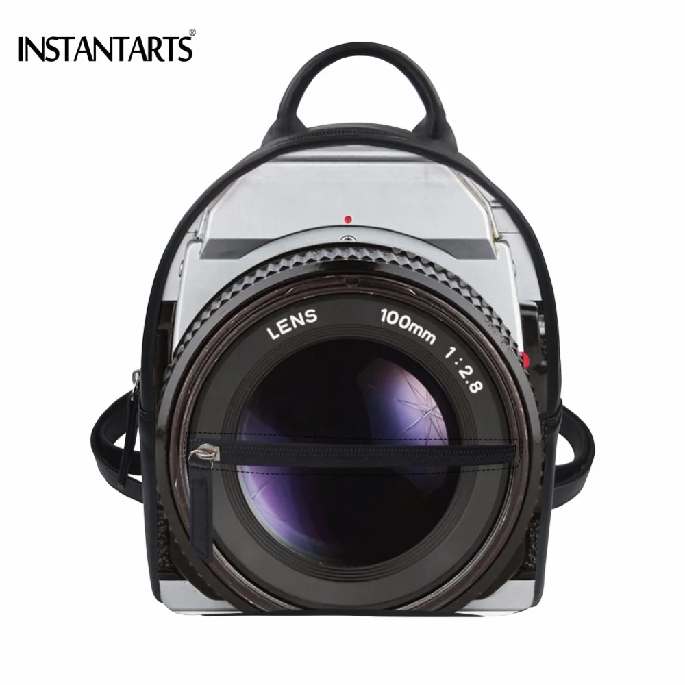 

INSTANTARTS Vintage Camera Pattern Women Mini PU Leather Backpacks Fashion Teen Girls Travel Rucksacks Multi-function Daypacks